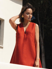 Vibemartini Cotton & Linen V-Neck Short Dress