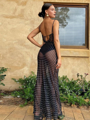 Vibemartini Chiffon Sheer Polka Dot Print Backless Long Dress