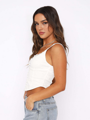 Vibemartini Lace Trim Button Up Strappy Top