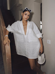 Vibemartini Linen Pockets Semi-Sheer Long Sleeve Dress