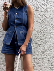 Vibemartini Denim Peplum Vest With Shorts Set