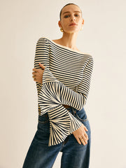 Vibemartini Striped Ruffle-Sleeve Knit Top