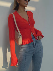 Vibemartini Ruffled Trim Button-Front Long Sleeve Cardigan
