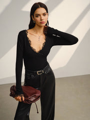 Vibemartini V-Neck Lace Trim Skinny T-Shirt
