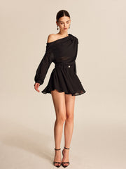 Vibemartini Semi-Sheer Chiffon One-Shoulder Bow Detail Skirt Set