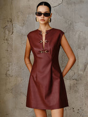 Vibemartini PU Leather Metal Buckle Sleeveless Mini Dress