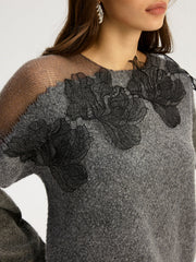 Vibemartini Floral lace Sweater Semi Sheer Round Neck Sweater