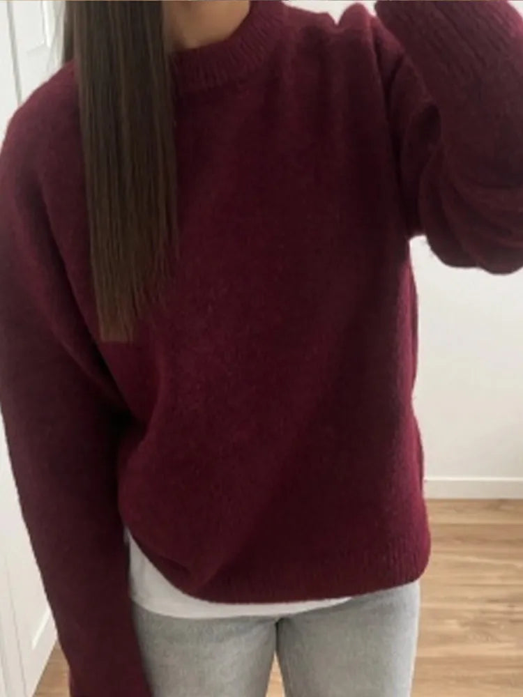 Basic Round Neck Casual Knitted Long Sleeved Loose Christmas Sweater Sweaters-L