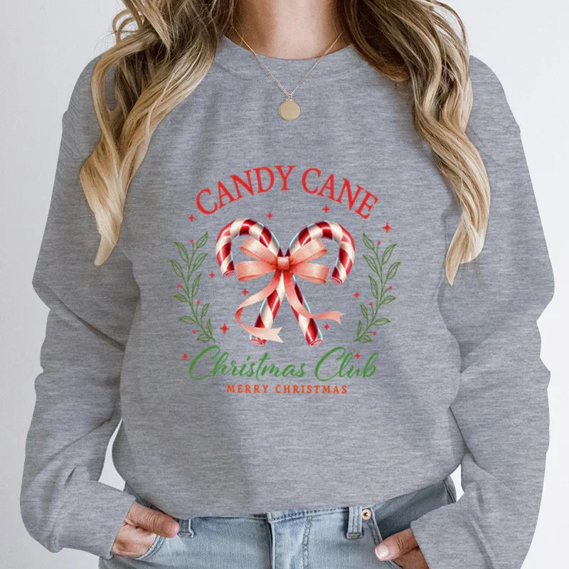 Merry Candy Cane Christmas Club Round Neck Hoodie Gray / S Hoodies-L