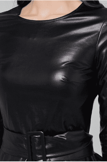 Simple round neck slim PU leather belt dress