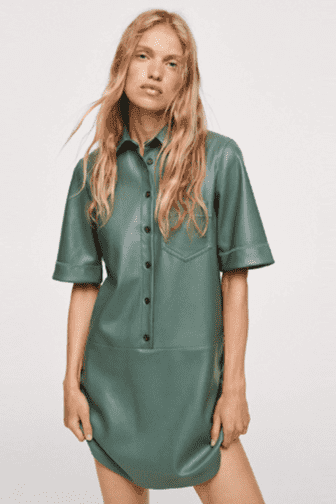 PU leather short-sleeved green mini dress