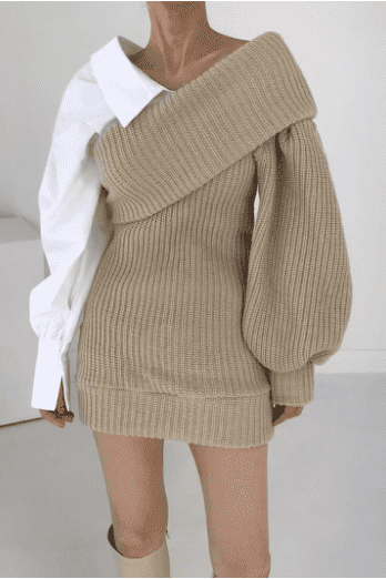 Knitted stitching fake two-piece slanted shoulder dress