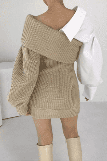 Knitted stitching fake two-piece slanted shoulder dress