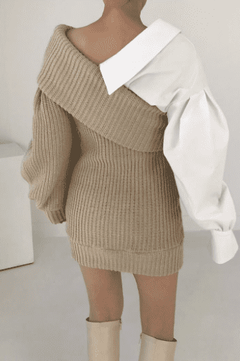 Knitted stitching fake two-piece slanted shoulder dress