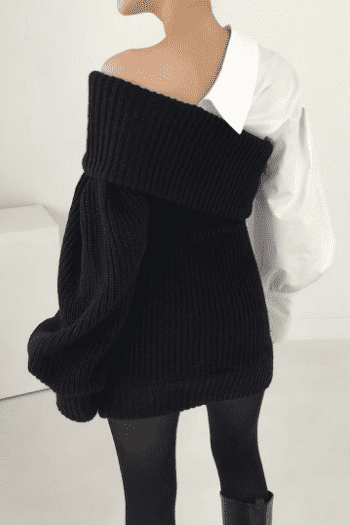 Knitted stitching fake two-piece slanted shoulder dress