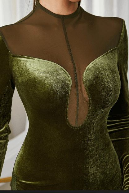 Velvet splicing mesh slim long-sleeved dress