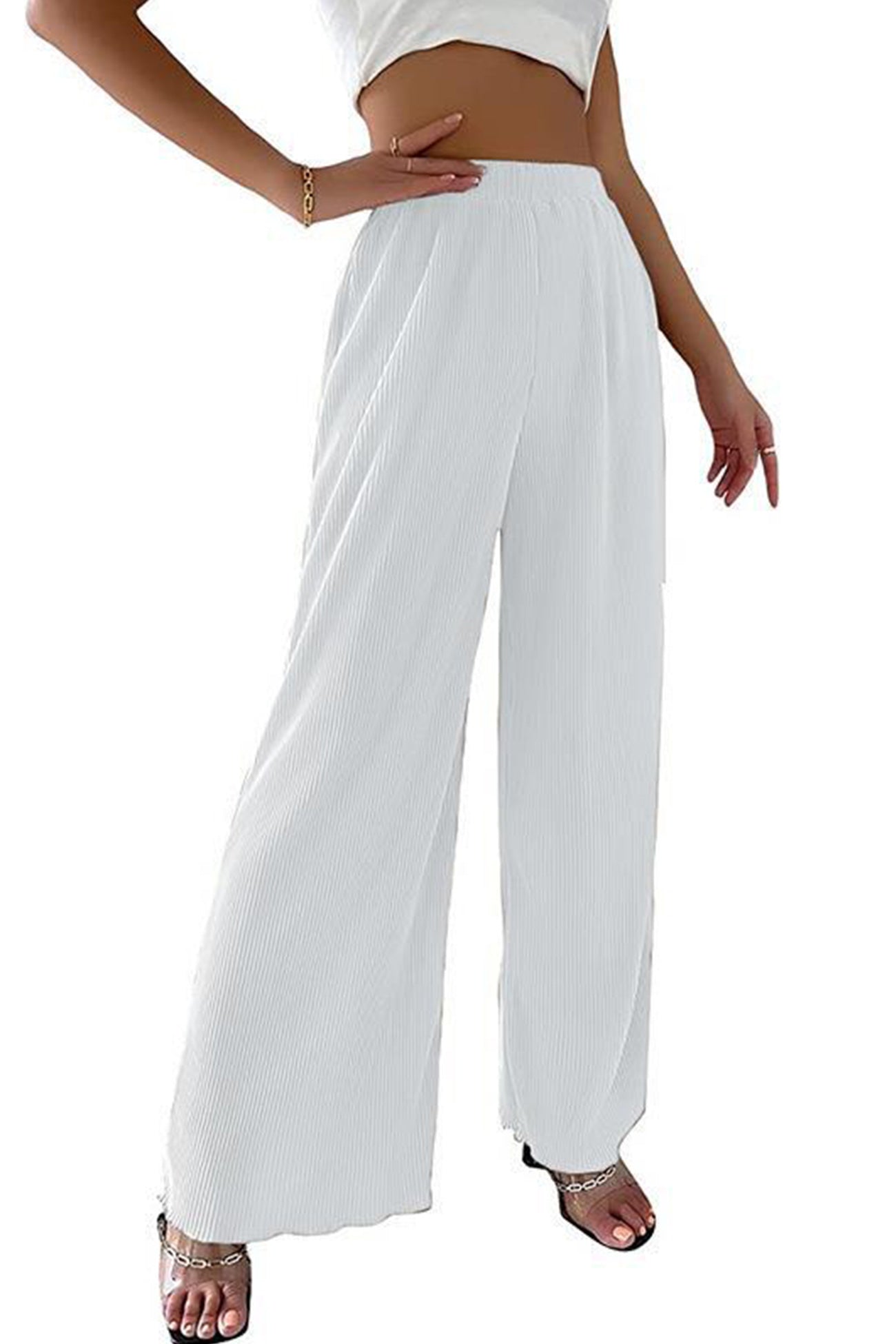 Casual Solid Color Elastic Waist Wide Leg Long Pants