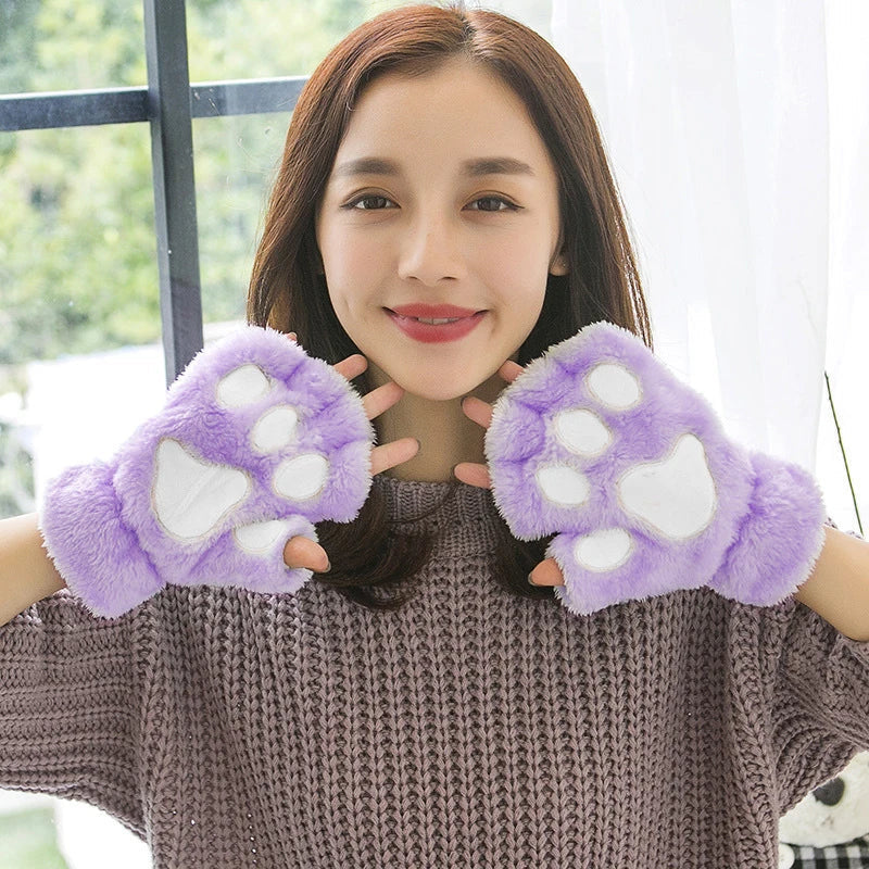 Cartoon Cat Girl Fluffy Bear Paw Winter Half Finger Christmas Gloves Navy Blue / One Size Gloves-L