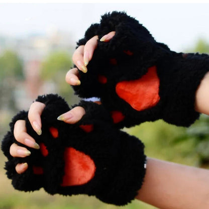 Cartoon Cat Girl Fluffy Bear Paw Winter Half Finger Christmas Gloves Gloves-L