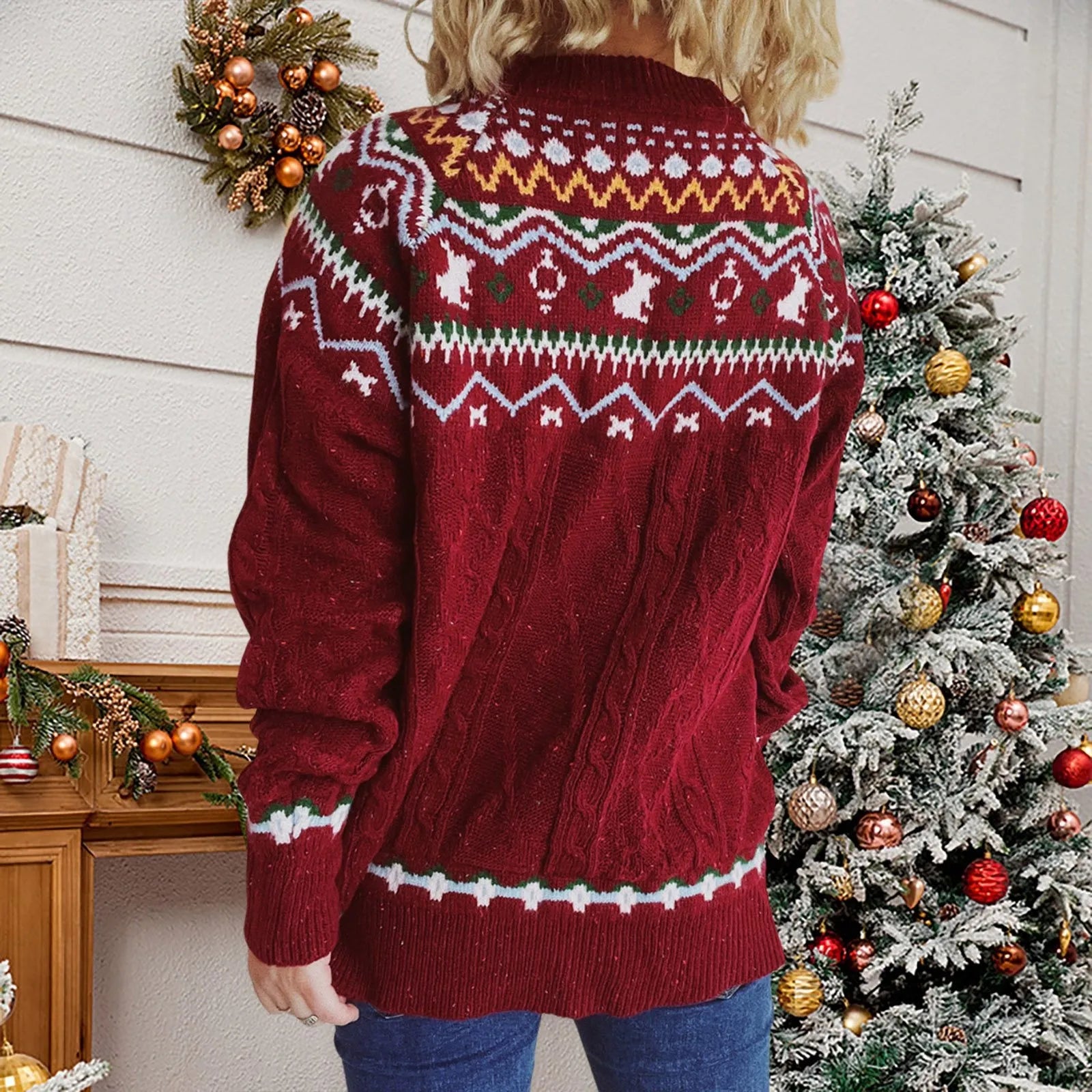 Vintage Striped Long Sleeve Jacquard O-Neck Loose Christmas Sweater Sweaters-L