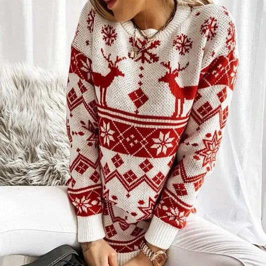 Deer Print Casual Loose Long Sleeve O Neck Warm Jacquard Knitwear Christmas Sweater Sweaters-L