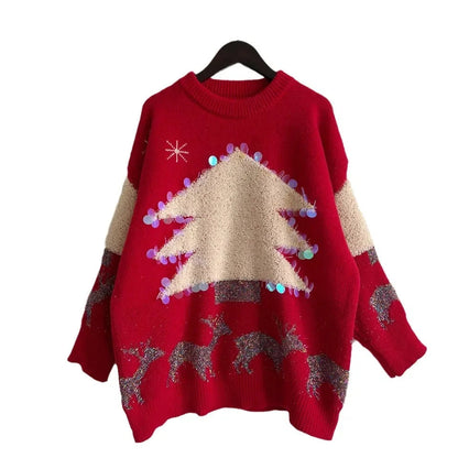 Sequins Christmas Tree Deer Jacquard Crew Neck Sweater Sweaters-L