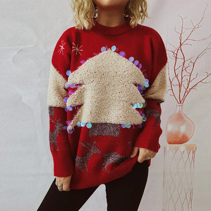Handmade Sequins Christmas Tree Little Deer Jacquard Thickened Crew Neck Sweater Red / S Sweaters-L