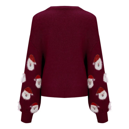 Round Neck Casual Oversized Warm Christmas Santa Head Sweater Sweaters-L
