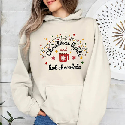 Christmas Lights Hot Chocolate Merry Bright Festive Family Hoodie Khaki / S Hoodies-L