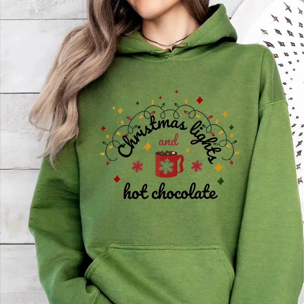 Christmas Lights Hot Chocolate Merry Bright Festive Family Hoodie Army Green / S Hoodies-L