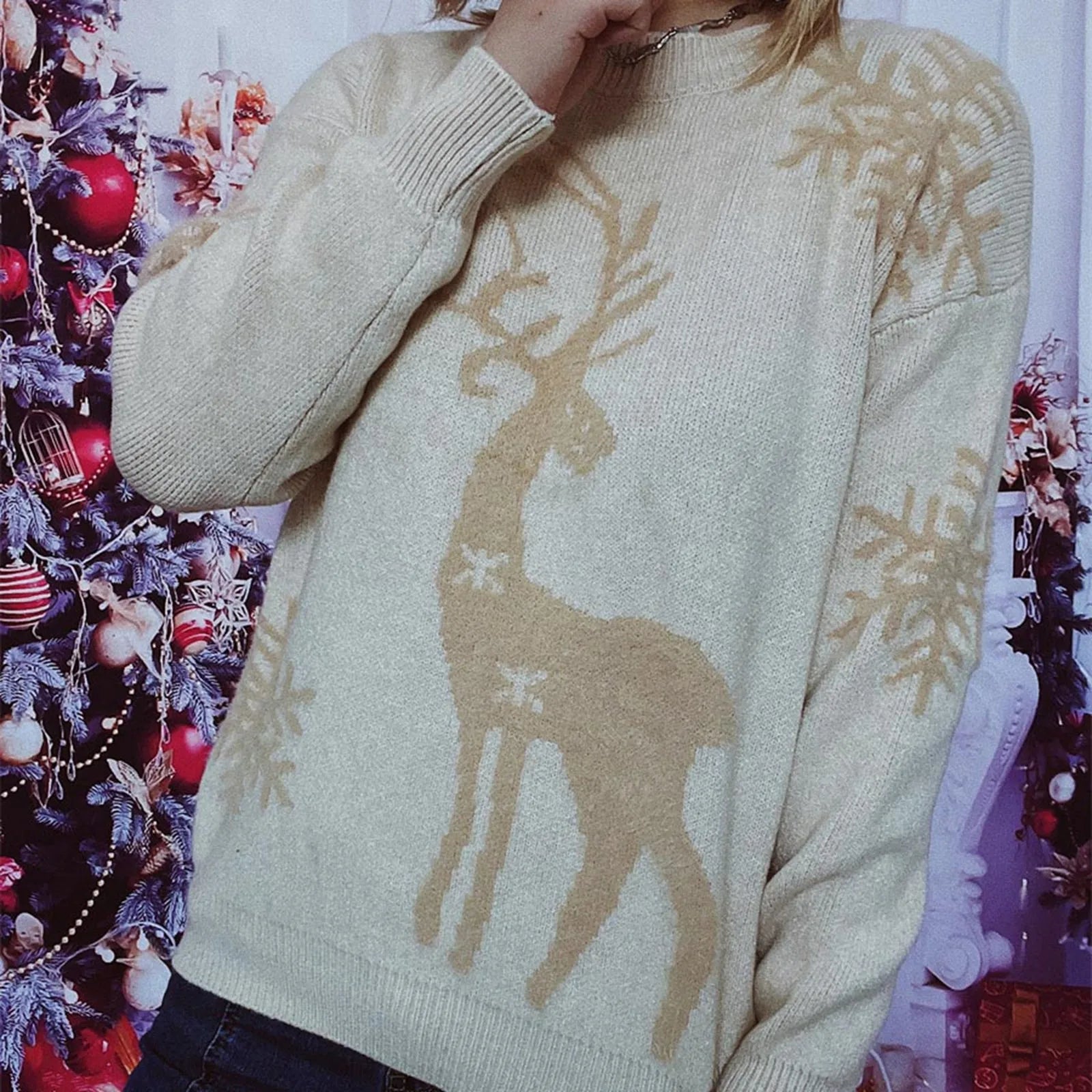 Warm Casual Pullover All Match Soft Knitted Christmas Sweater Beige / S Sweaters-L