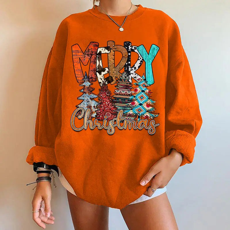 Letter Tree Print Round Neck Fleece Anime Christmas Hoodie - Large Size Orange / S Hoodies-L