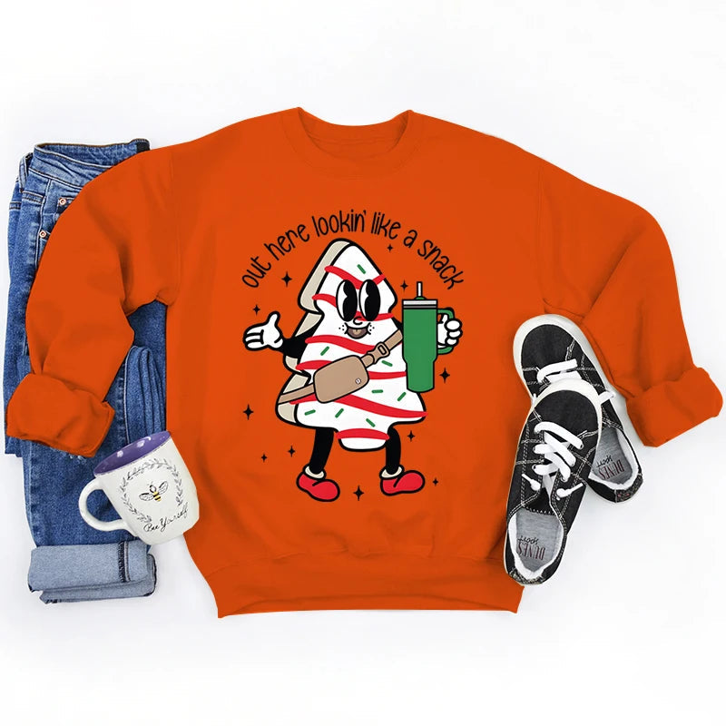 Snack Print Round Neck Christmas Hoodie - Casual Long Sleeve Orange / S Hoodies-L