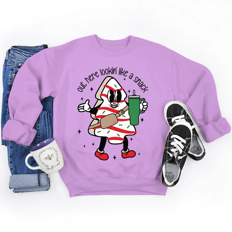 Snack Print Round Neck Christmas Hoodie - Casual Long Sleeve Purple / S Hoodies-L