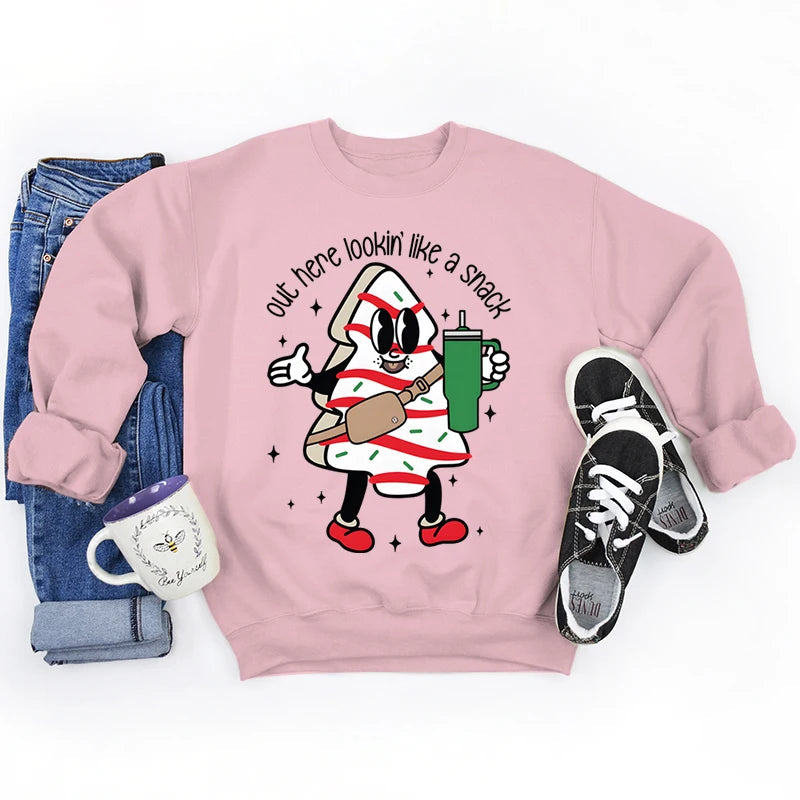 Snack Print Round Neck Christmas Hoodie - Casual Long Sleeve Pink / S Hoodies-L