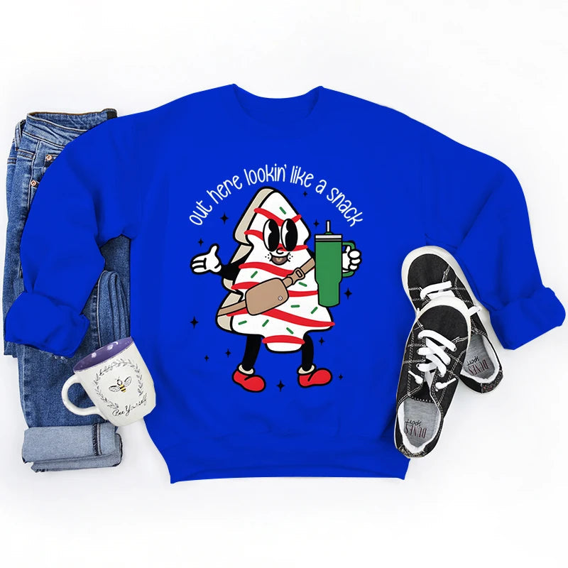 Snack Print Round Neck Christmas Hoodie - Casual Long Sleeve Blue / S Hoodies-L