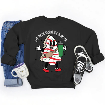 Out Here Lookin’ Like A Snack Print Round Neck Casual Long Sleeve Christmas Hoodie Black / S