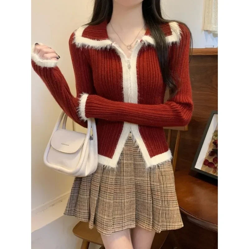 Plush Knitted Slim-Fit Zipper Cardigan Cardigan-241208