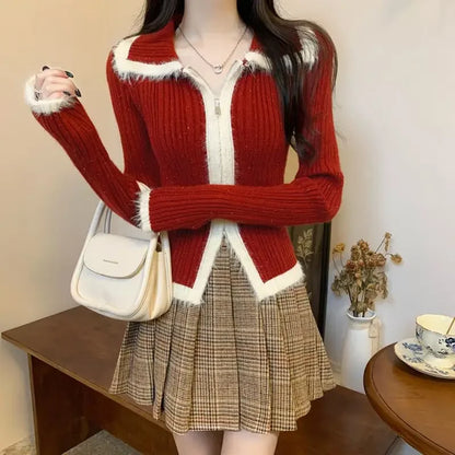 Plush Knitted Slim-Fit Zipper Cardigan Red / S Cardigan-241208