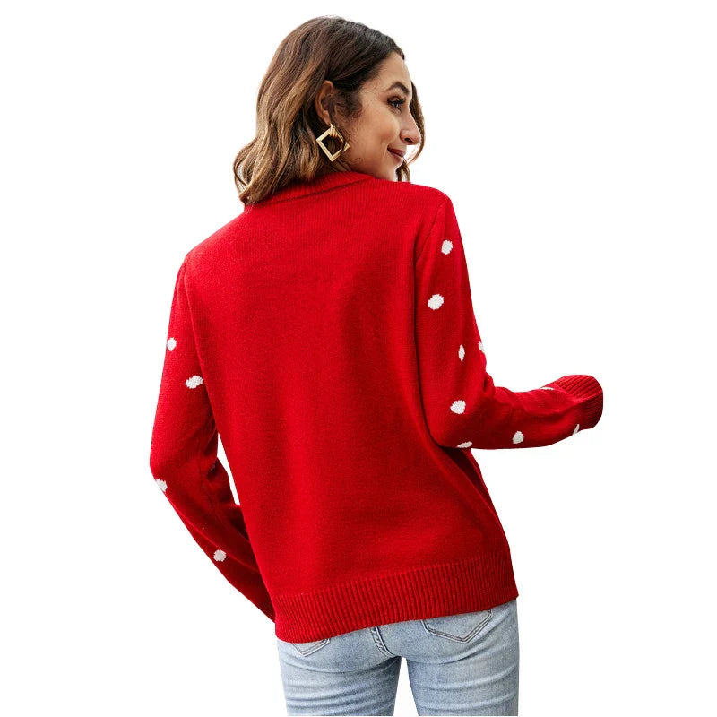Christmas Red Long Sleeve Casual Autumn Winter Sequined Fashion Knitted Sweater Sweaters-L