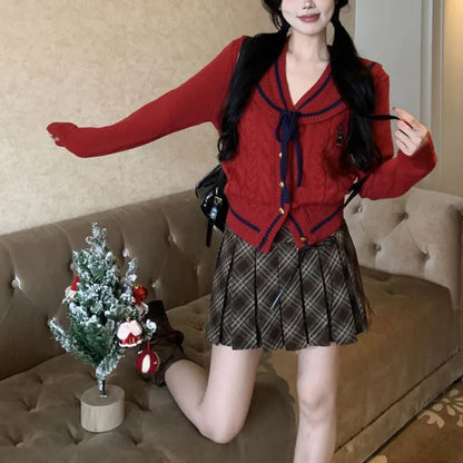 Korean Stylish Drawstring Bow Vintage Red Cardigan Christmas Sweater Sweaters-L