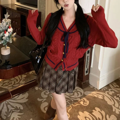 Korean Stylish Drawstring Bow Vintage Red Cardigan Christmas Sweater Sweaters-L
