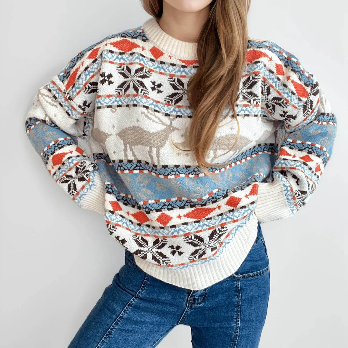 Soft Warm Oversized Deer Knitted Vintage Casual Christmas Sweater Beige / S Sweaters-L