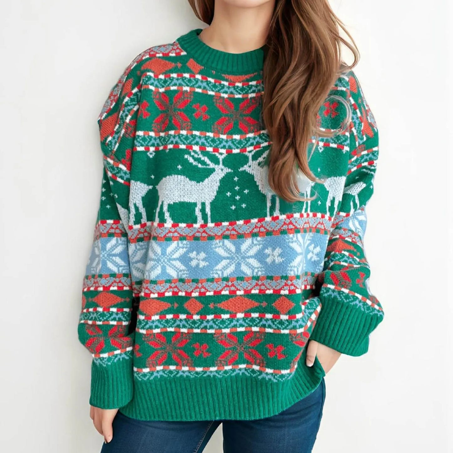 Soft Warm Oversized Deer Knitted Vintage Casual Christmas Sweater Green / S Sweaters-L