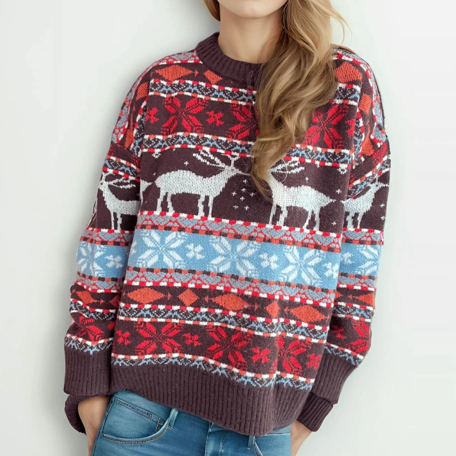 Soft Warm Oversized Deer Knitted Vintage Casual Christmas Sweater Brown / S Sweaters-L
