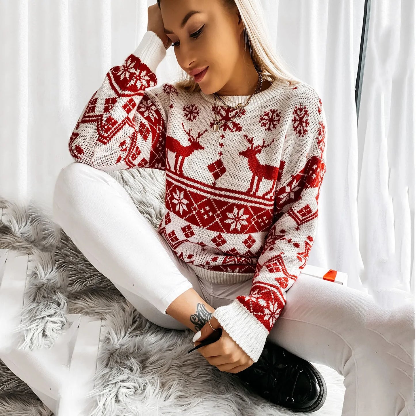 Christmas Deer Warm Knitted Long Sleeve Autumn Winter Loose Hot Sale Sweater Red 1 / S Sweaters-L