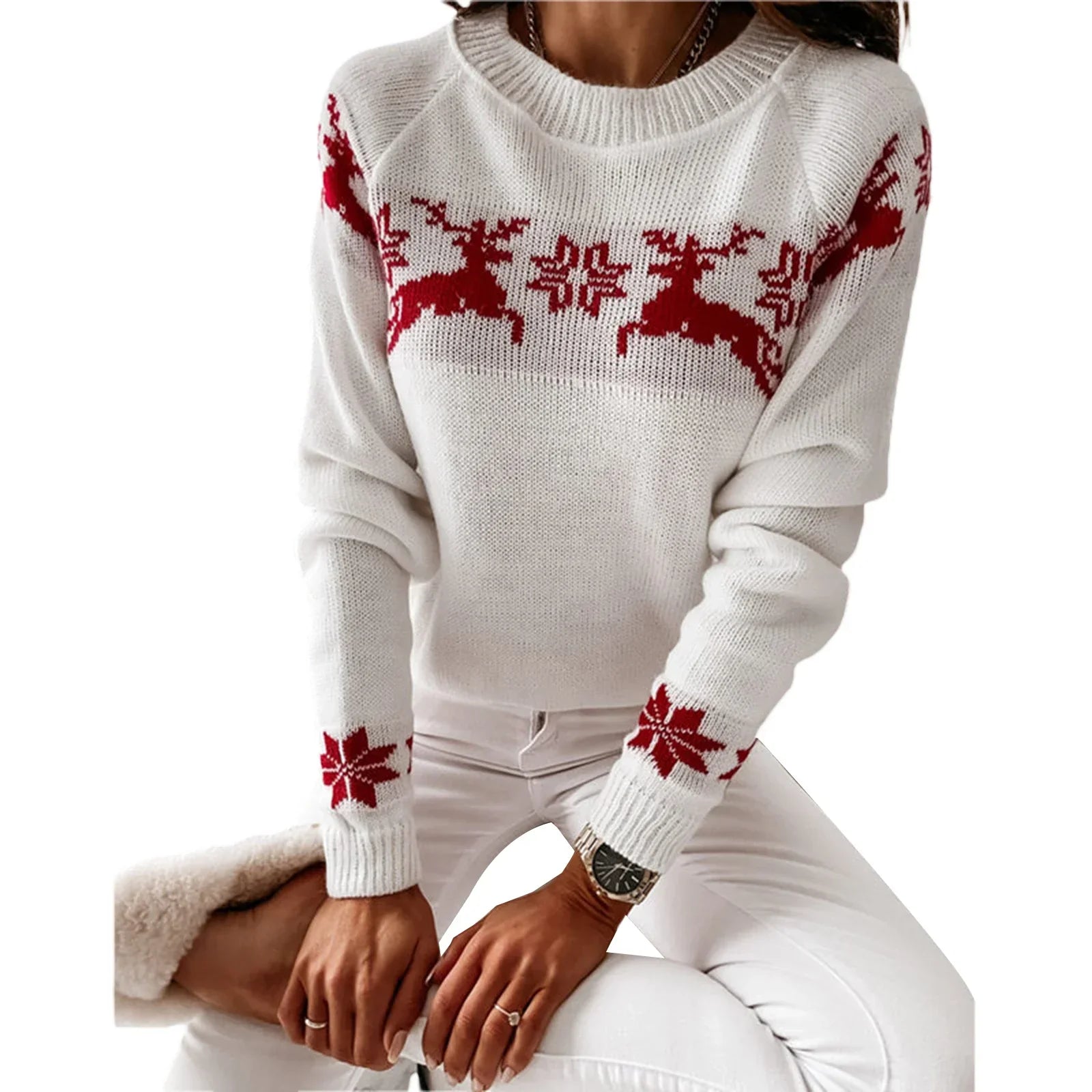 Casual Long Sleeve O-Neck Pullover Deer Knitted Christmas Sweater White / S Sweaters-L
