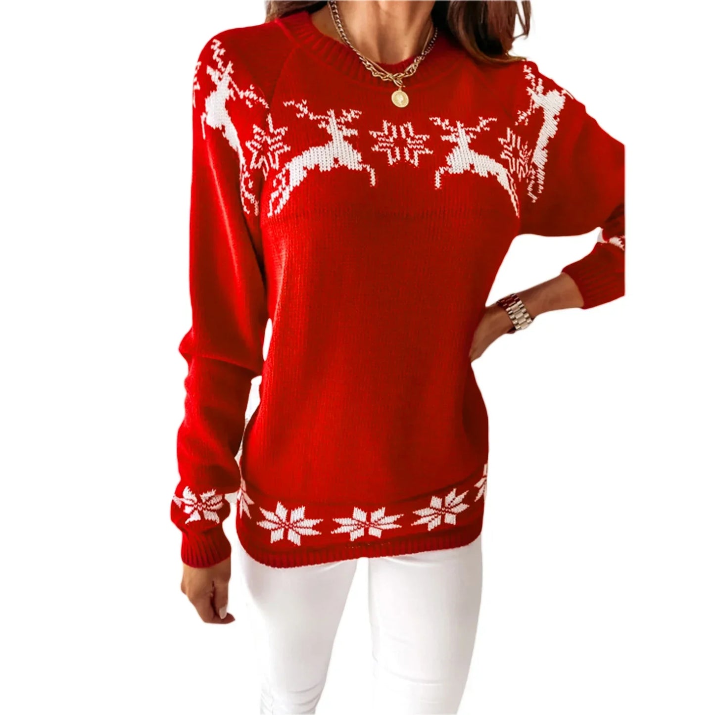 Casual Long Sleeve O-Neck Pullover Deer Knitted Christmas Sweater Red / S Sweaters-L