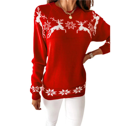 Casual Long Sleeve O-Neck Pullover Deer Knitted Christmas Sweater Red / S Sweaters-L