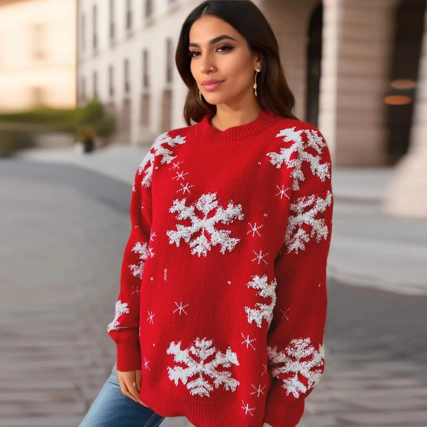 Snowflake Embroidered Round Neck Long Sleeve Crossbody Christmas Sweater Sweaters-L